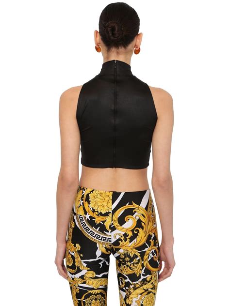 versace logo print stretch jersey crop to|Signature Cropped Top Black,Print .